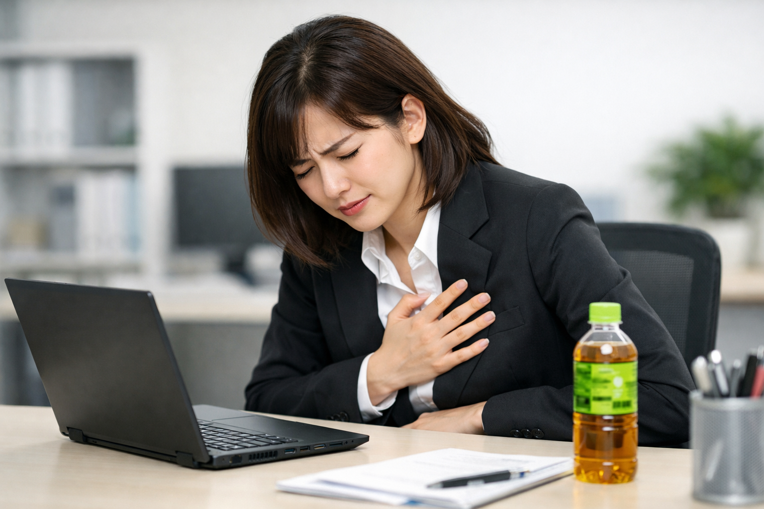 胸を押さえて苦しそうにしている女性