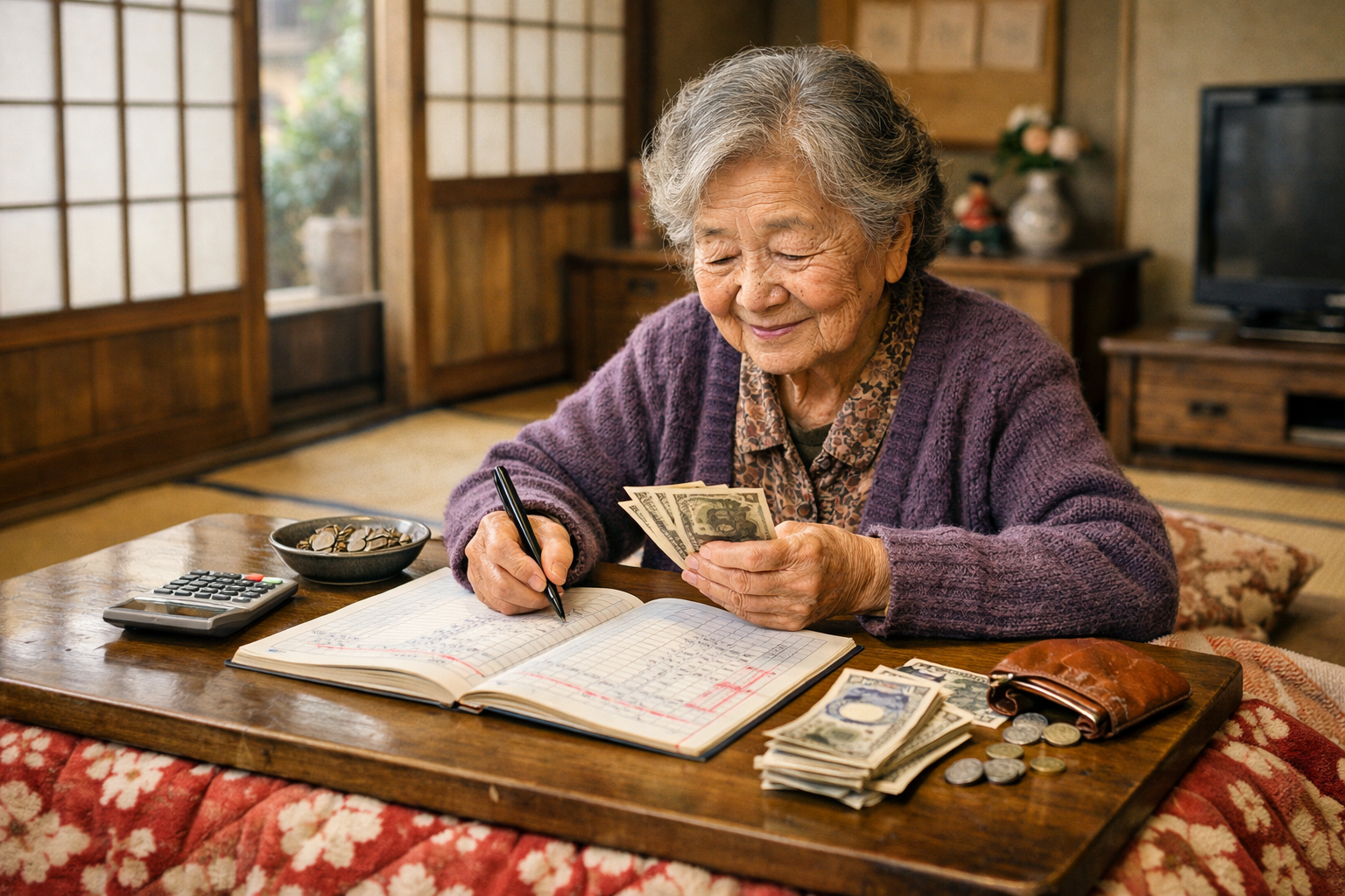年金を数えるおばあちゃん
